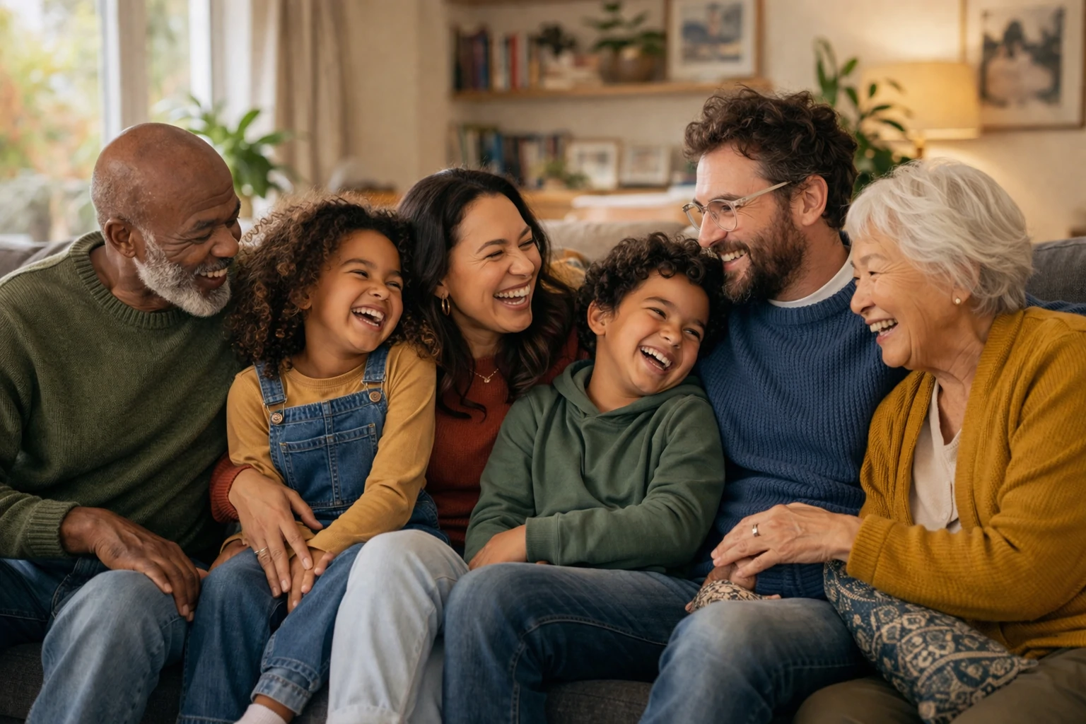 Chosen family enjoying each others company on the sofa - Relative Choice